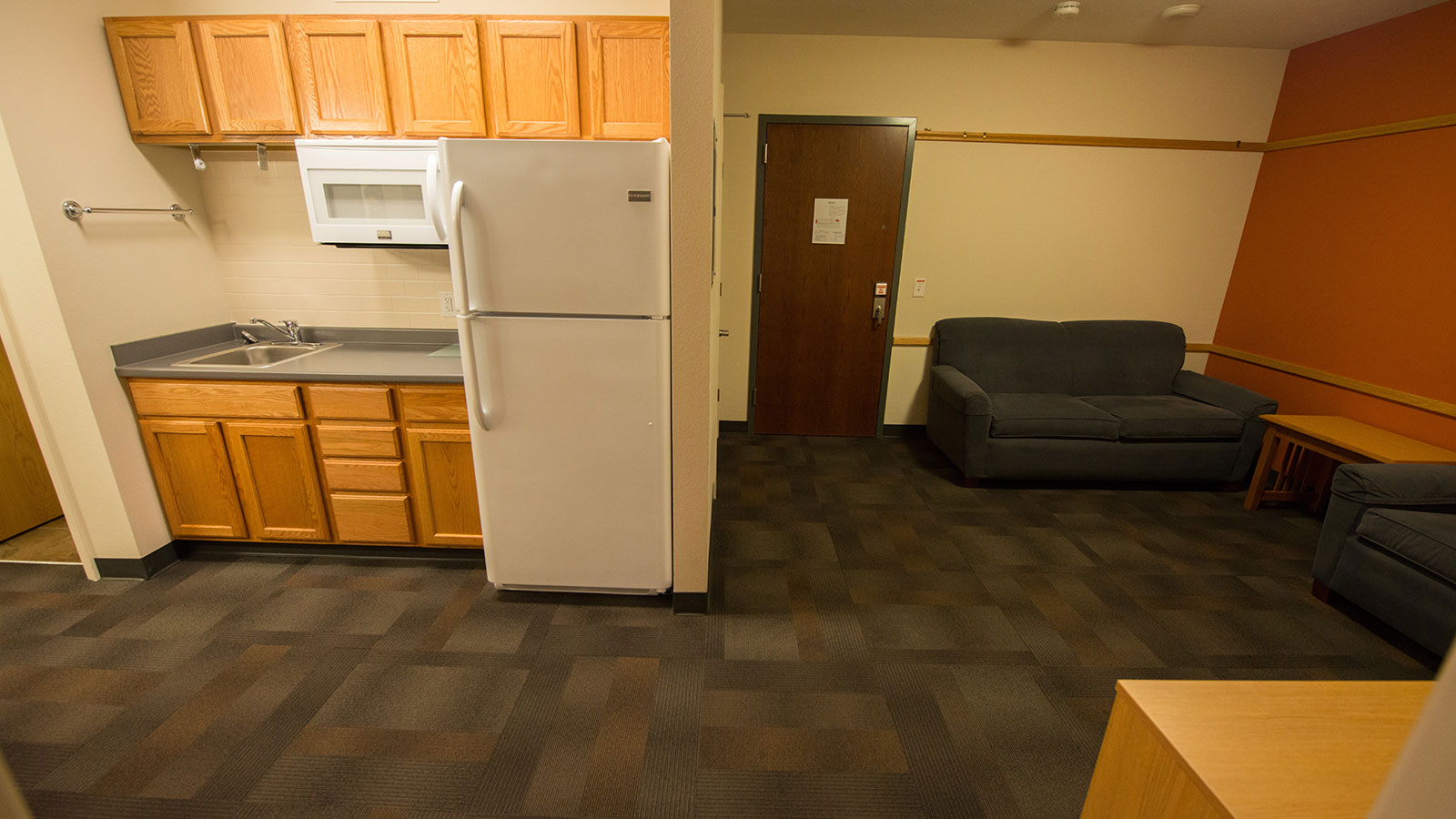 Living and kitchenette in the guest housing dorm.