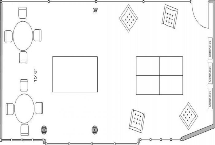 Aerial line drawing of the Massengale game room space.