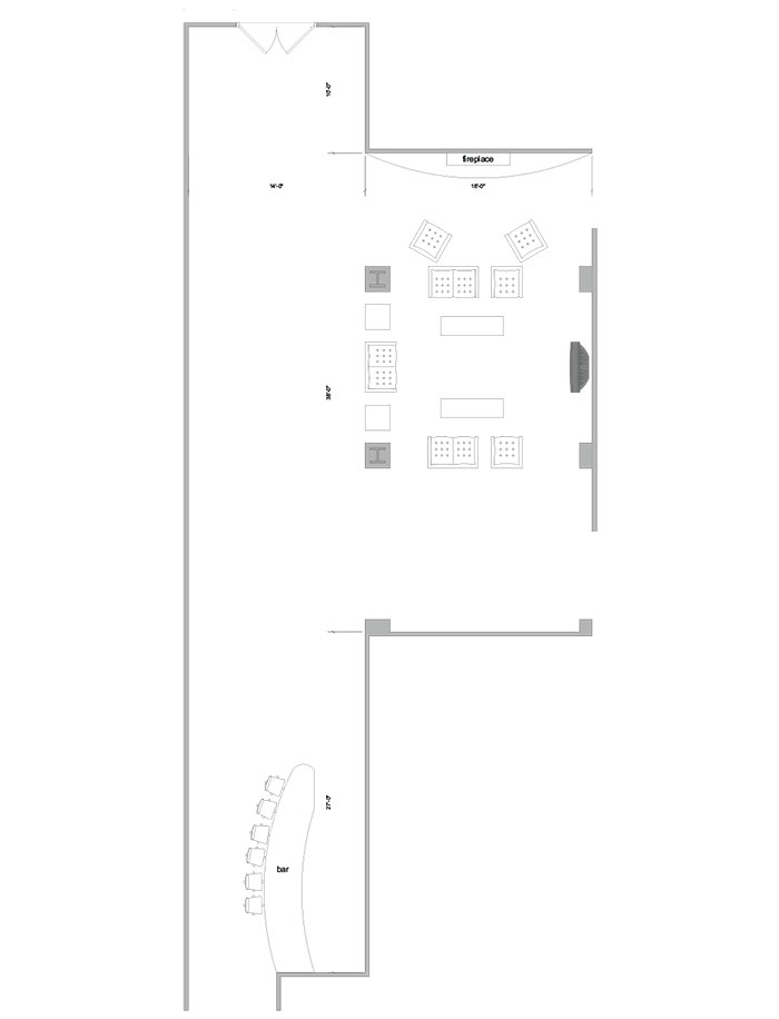 Aerial line drawing of the Schramm lounge space.