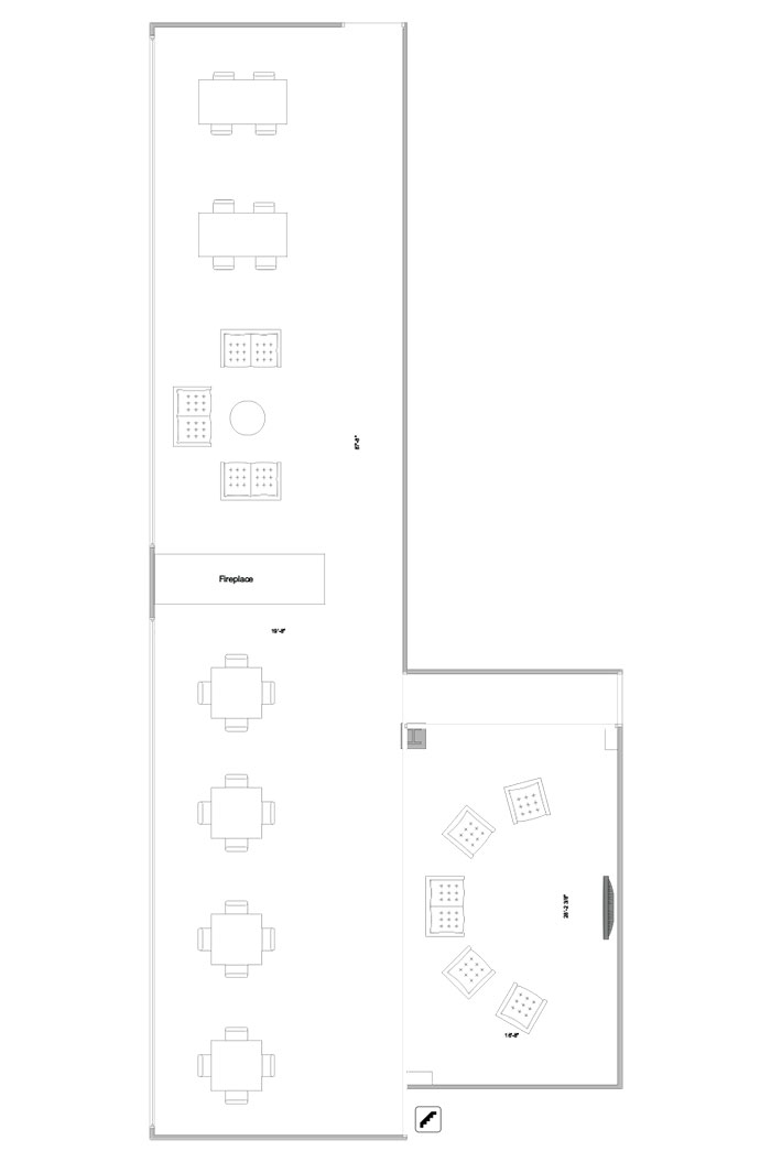 Aerial line drawing of the Sandoz lounge space.