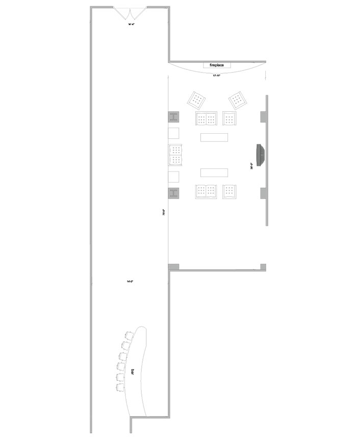 Aerial line drawing of the Harper lounge space.