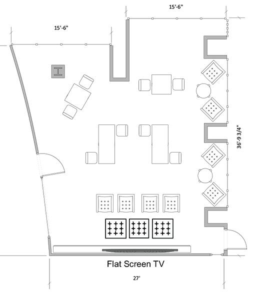 Aerial line drawing of the Eastside multipurpose room space.